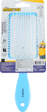 Tył opakowania szczotki do włosów Minions, niebieska z białymi ząbkami. Na fioletowym tle z Minionkiem, widoczne informacje.