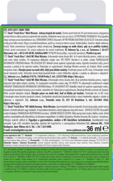 Tył opakowania Duck Fresh Discs Mint Mission 36 ml z informacjami o produkcie w kilku językach.