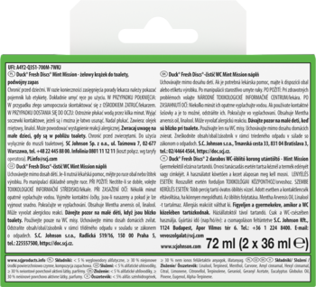 Tył zielono-białego opakowania Duck Fresh Discs WC, 72 ml, z czytelnym polskim i angielskim opisem składu.