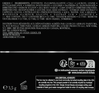 Tył opakowania pudru Giorgio Armani Luminous Silk Glow z listą składników i informacjami o recyklingu, 3,5g.