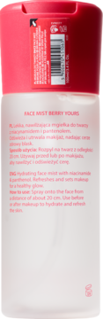 Tylna etykieta mgiełki do twarzy Face Mist Berry Yours z niacynamidem i pantenolem, widoczne opisy PL/EN.