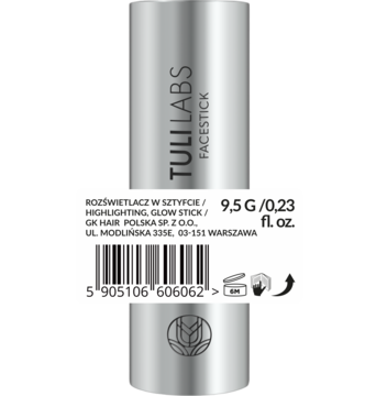 Srebrny rozświetlacz Tuli Labs Facestick w sztyfcie z białą etykietą, widok z przodu. Widoczne napisy i waga 9,5g.