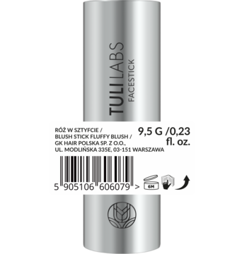Srebrny róż w sztyfcie Tuli Labs Fluffy Blush, widok z przodu na białą etykietę z nazwą i wagą.