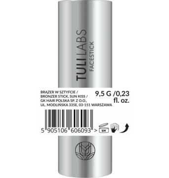 Srebrny bronzer w sztyfcie Tuli Labs Facestick z etykietą, 9,5g Sun Kiss i widocznym kodem kreskowym.