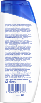 Tył białej butelki szamponu H&S Menthol Fresh 625ml, przeciwłupieżowego, z listą składników i kodem kreskowym.