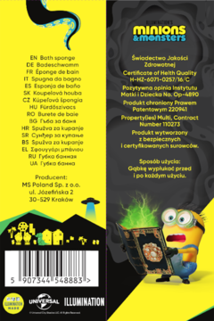 Gąbka kąpielowa Minions, tył opakowania z kodem kreskowym, listą języków, certyfikatami i Minionkiem.