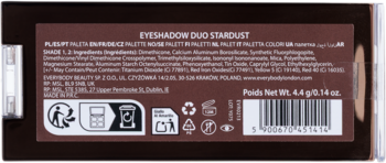 Tylna strona brązowej paletki cieni do powiek EYESHADOW DUO STARDUST z listą składników i kodem kreskowym.