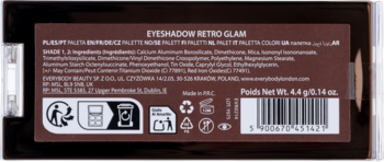 Tył opakowania palety cieni Eyeshadow Retro Glam. Widoczne składniki, waga 4.4g i dane producenta.