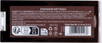 Tył opakowania paletki cieni EYESHADOW SOFT PEACH z listą składników, danymi producenta i symbolami recyklingu.