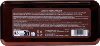 Tył brązowej palety Luminous Face Palette Light z białą etykietą, opisem, składem, logo i kodem kreskowym.