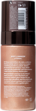 Tył brązowego opakowania Body Luminizer Ethereal, złocisty rozświetlacz do ciała 50ml z opisem i kodem kreskowym.