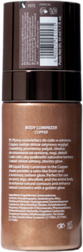 Tył miedzianego Body Luminizer Copper 50ml. Widoczne opisy PL/EN, skład i kod kreskowy dla promiennej skóry.