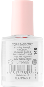 Tył butelki bezbarwnego lakieru Top & Base Coat Superdrug, z różową zakrętką, widocznym kodem kreskowym i napisem FLAMMABLE.