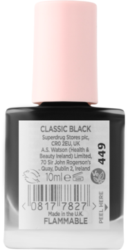 Tył butelki czarnego lakieru do paznokci Superdrug, z etykietą "CLASSIC BLACK" i szczegółami, różowa nakrętka.