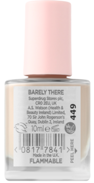 Tył butelki lakieru do paznokci Superdrug, odcień BARELY THERE (nude), z różową nakrętką i etykietą 10ml.