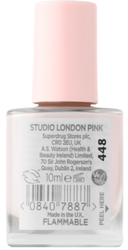 Tył butelki jasnoróżowego lakieru Studio London Pink 448 o pojemności 10ml, z białym napisem.