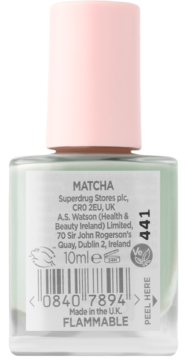 Miętowy lakier do paznokci Superdrug Matcha, tył butelki z informacjami i kodem kreskowym, różowa nakrętka.