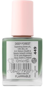Tył buteleczki zielonego lakieru do paznokci Superdrug Deep Forest 10ml, z etykietą producenta i kodem kreskowym.