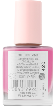 Tył jasnoróżowego lakieru do paznokci Hot Hot Pink Superdrug, z etykietą 10ml, ikoną vegan i kodem kreskowym.