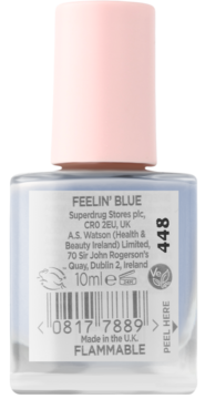 Tylna etykieta błękitnego lakieru Superdrug, 10ml, z różową nakrętką, napisy: FEELIN' BLUE, FLAMMABLE.