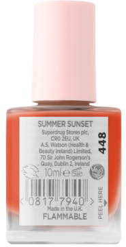 Tył buteleczki pomarańczowego lakieru do paznokci Superdrug, odcień Summer Sunset 448, widoczna etykieta z danymi.