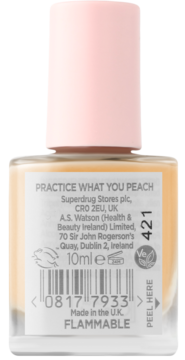Tył butelki jasnego, brzoskwiniowego lakieru do paznokci Superdrug Practice What You Peach. Widoczna etykieta z tekstem FLAMMABLE.