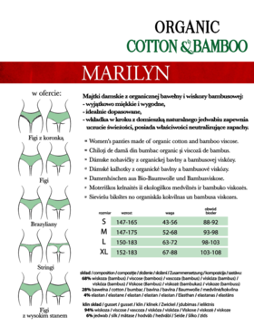 Reklama MARILYN: figi damskie z organicznej bawełny i bambusa, różne fasony, tabela rozmiarów. Zieleń.
