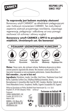 Tył żółtego opakowania ochronnego balsamu do ust Carmex Bananowy SPF15, z opisem działania i składnikami.