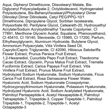 Szczegółowa lista składników kosmetyku nawilżającego, w tym Aqua, liczne peptydy i kwas hialuronowy.