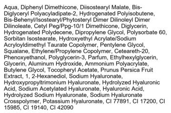 Pełna lista składników INCI z opakowania kosmetyku, od Aqua po barwniki CI 42090.