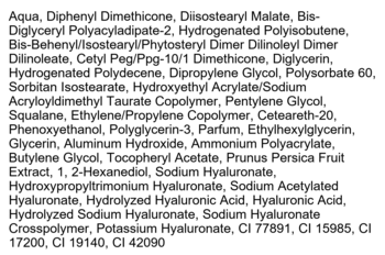 Długa lista składników kosmetyku, w tym liczne pochodne kwasu hialuronowego, na białym tle.