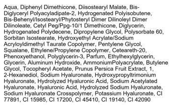Szczegółowy spis składników kosmetyku, w tym Aqua, Dimethicone, Squalane, kwas hialuronowy i barwniki CI.