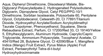 Lista składników produktu kosmetycznego z wodą, silikonami, barwnikami i ekstraktami z mango i jabłka.