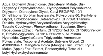 Szczegółowa lista składników kosmetyku, z długimi nazwami chemicznymi i ekstraktami roślinnymi, na białym tle.