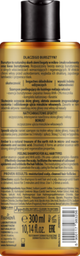 Tył brązowej butelki szamponu peelingującego z bursztynową esencją. Widoczny opis działania i składników w j. polskim i ang.