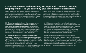 Advertisement for wet wipes with citronella, lavender, and peppermint. White text on a dark green background.