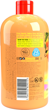 Pomarańczowy żel pod prysznic Treaclemoon, tył opakowania z instrukcją użycia i listą składników.