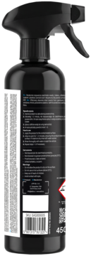 Czarne opakowanie sprayu do detailingu samochodowego, widok z boku z etykietą, kodem kreskowym i QR.