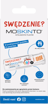 Opakowanie MOSKINTO Inteligentny Plaster na swędzenie, biały karton z grafiką moskita i dozownikiem plastrów.