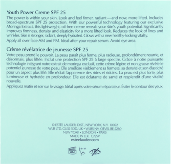 Tył opakowania kremu Estee Lauder Youth Power Creme SPF 25, liftingującego z filtrem, napisy w j. angielskim i francuskim.