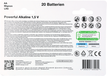 Tył opakowania zbiorczego 20 baterii alkalicznych AA Mignon LR6, 1.5V, z instrukcjami i symbolami bezpieczeństwa.