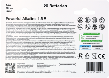 Tył opakowania 20 baterii alkalicznych AAA LR03 1,5V w białym kartoniku, z kodem QR i symbolami utylizacji.