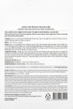 Tył białego opakowania SKIN627 Płatki odświeżające PHA & TEA TREE, z listą składników i instrukcjami.