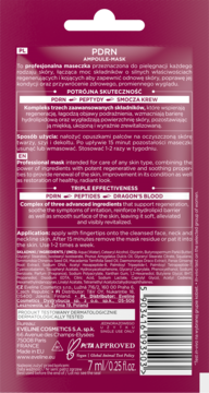 Tył fioletowej maski w ampułce PDRN z PETA, detale składu i kodu kreskowego, 7 ml.