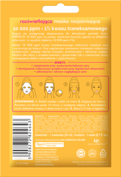 Tył żółtej maski rozjaśniającej Perfecta z 1% kwasu traneksamowego, instrukcje i skład, kod kreskowy.