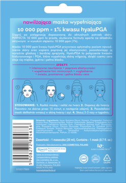 Tył niebieskiej saszetki maski nawilżającej PERFECTA 10 000 ppm z 1% kwasu hialuPGA i opisem PL.