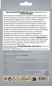 Tył opakowania maski EASYCHOP BAND MASK PORE MINIMIZER, z polskim opisem, składem i ikonami, na szarym tle.