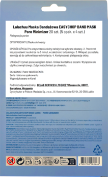Tył niebiesko-fioletowego opakowania masek Lalachuu Pore Minimizer (20 szt.) z opisem użytkowania i składem.