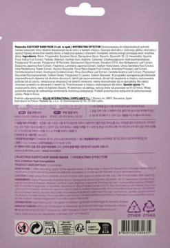 Tył fioletowej saszetki EASYCHOP BAND MASK do zwężania porów, z listą składników i instrukcjami użytkowania.