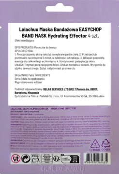 Tył fioletowego opakowania Lalachuu Band Mask Hydrating Effector 4 szt. z opisem i ikonami recyklingu.